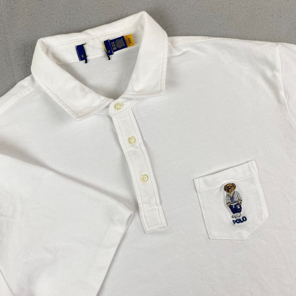 Ralph Lauren Polo Bear Mesh Shirt Men 2XL XXL solid white pocket embroidered - Picture 1 of 14